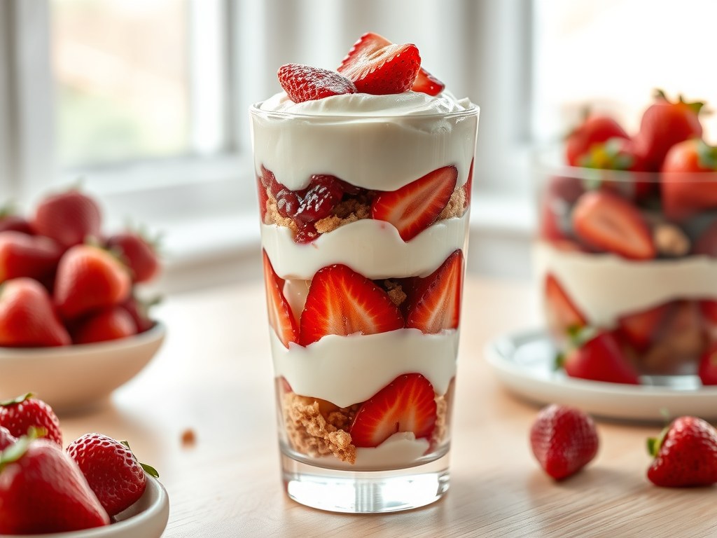 Aardbeien mascarponetrifle, AI-gegenereerde illustratie
