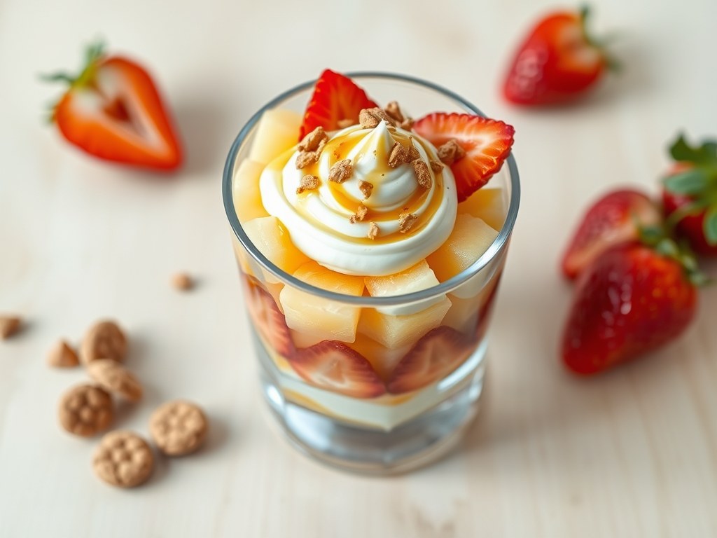 Aardbeien-meloen hapje met dikke yoghurt, AI-gegenereerde illustratie