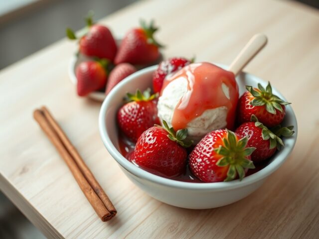 Aardbeien met rabarberjus en honingroomijs