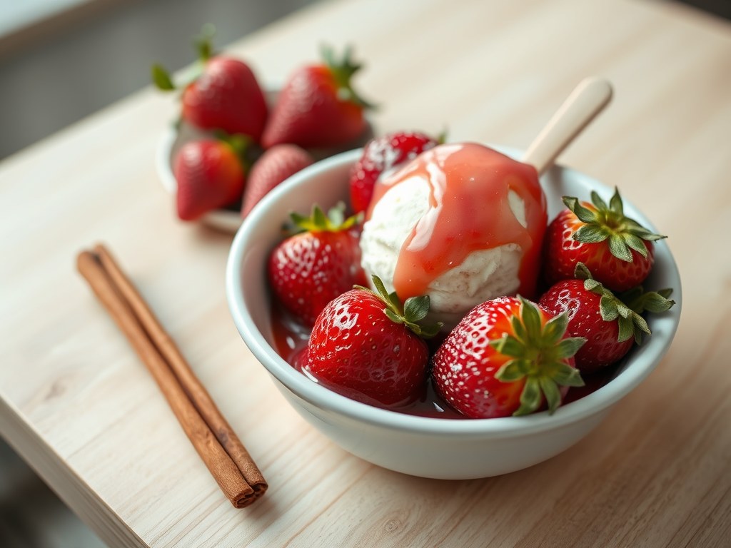 Aardbeien met rabarberjus en honingroomijs, AI-gegenereerde illustratie