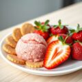 Aardbeien met roomwafeltjes en granité van aardbei