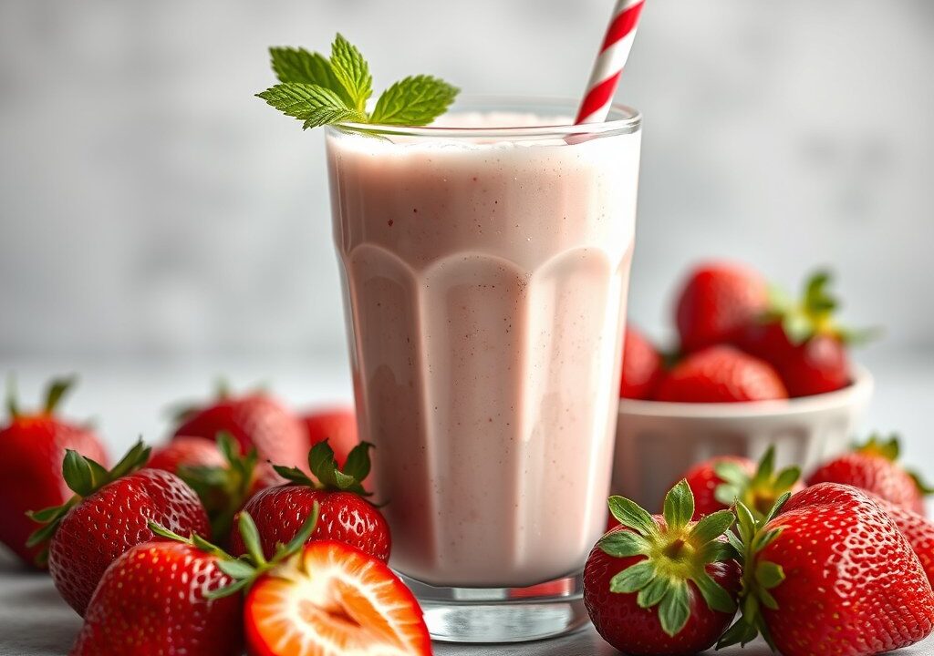 Aardbeien milkshake, AI-gegenereerde illustratie