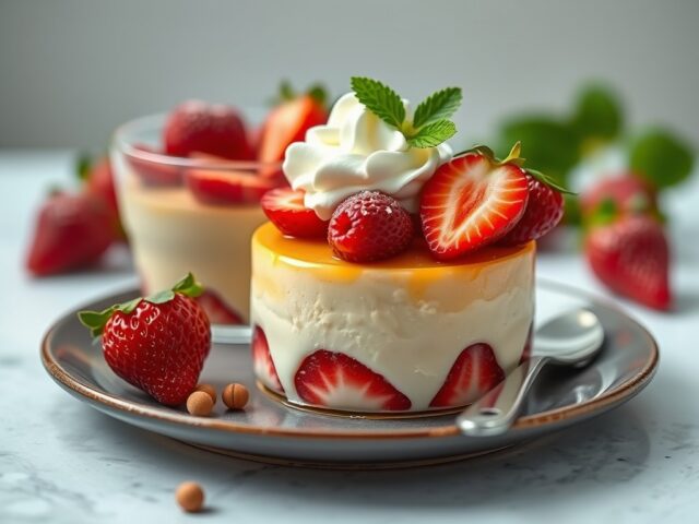 Aardbeienpudding met amarettokoekjes — AI-gegenereerde illustratie