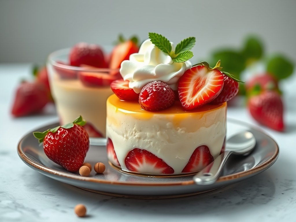 Aardbeienpudding met amarettokoekjes, AI-gegenereerde illustratie