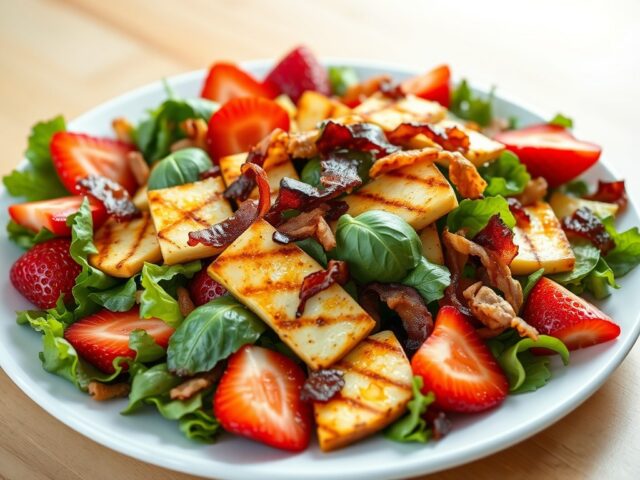 Aardbeiensalade met ontbijtspek