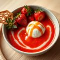 Aardbeiensoep met vanilleroomijs en een romanoffsaus