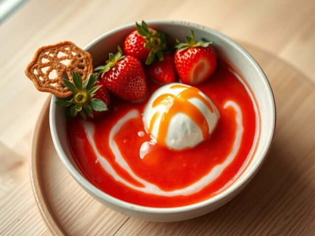 Aardbeiensoep met vanilleroomijs en een romanoffsaus