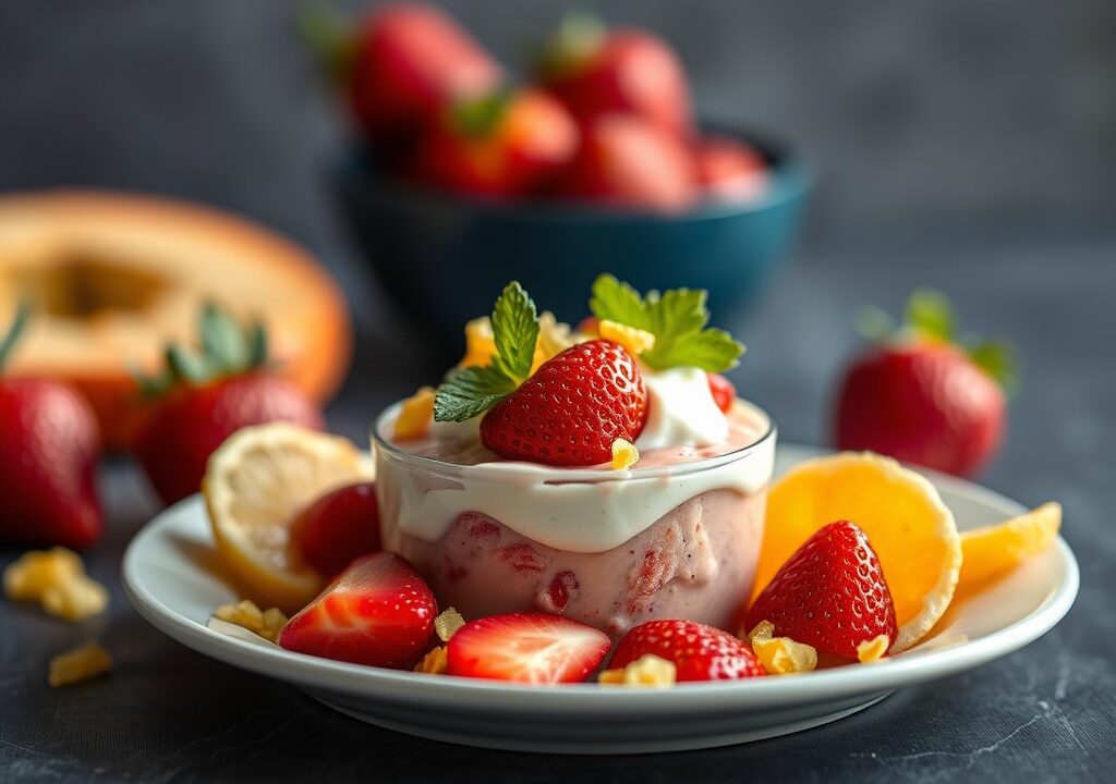Aardbeiensorbet met dragon en appelchips, AI-gegenereerde illustratie