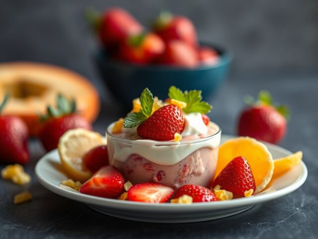 Aardbeiensorbet met dragon en appelchips