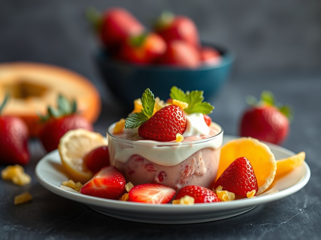 Aardbeiensorbet met dragon en appelchips, AI-gegenereerde illustratie