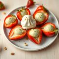 Aardbeitjes gevuld met pistache crème met aardbeie