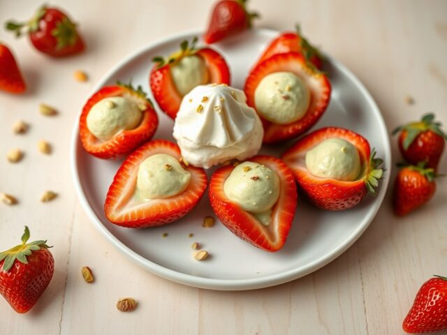 Aardbeitjes gevuld met pistache crème met aardbeie