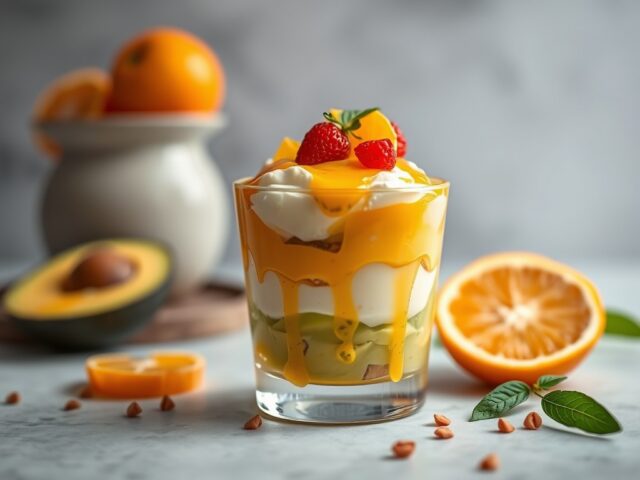Advocaatparfait met sinaasappelsaus — AI-gegenereerde illustratie