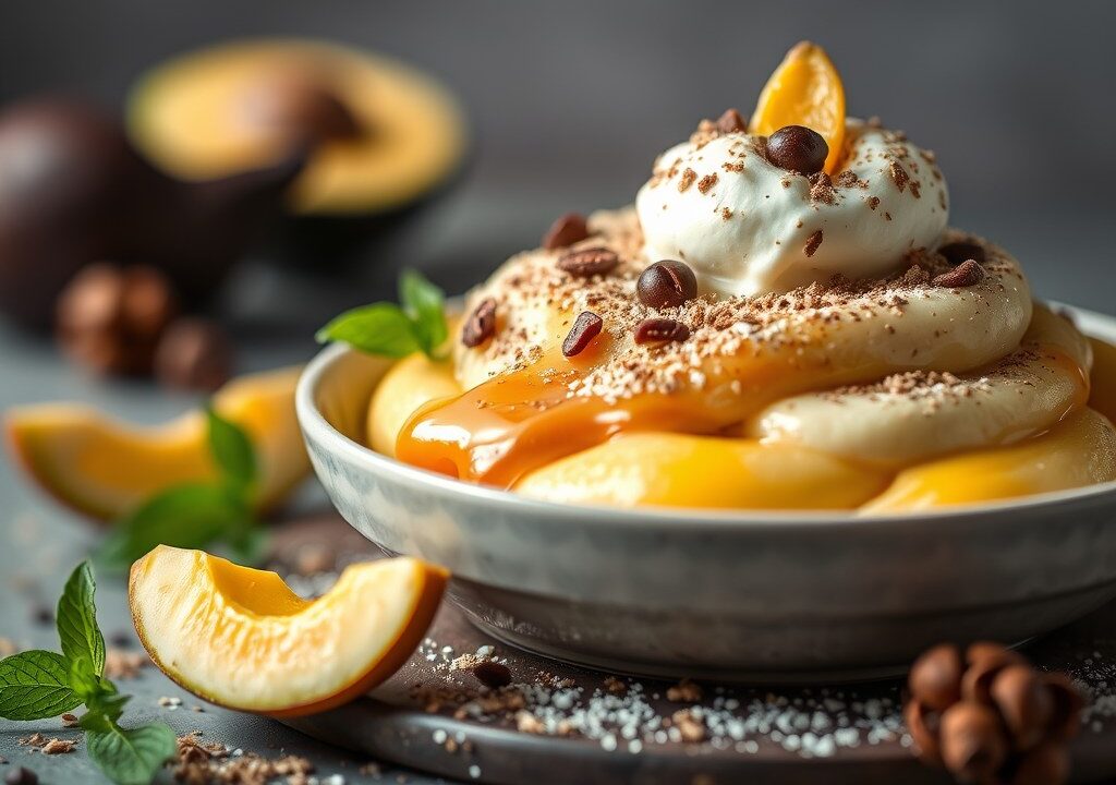 Advocaatvanillevla met chocoladvla peer en slagroo, AI-gegenereerde illustratie