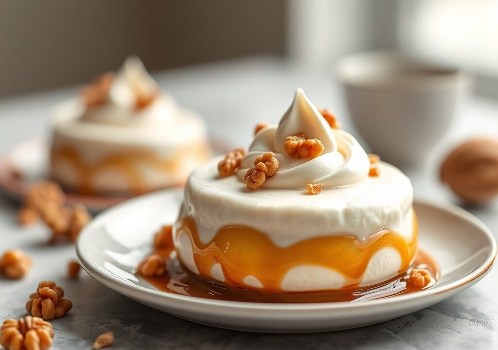 Ahornsiroop(ijs)mousse met gekaramelliseerde walno, AI-gegenereerde illustratie