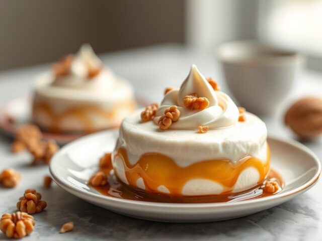 Ahornsiroop(ijs)mousse met gekaramelliseerde walno