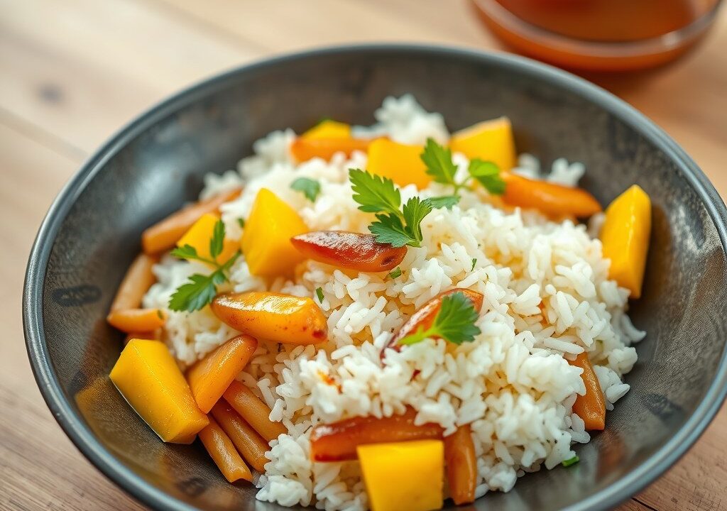 Ajam Paniki met mango en lente-uitjes, AI-gegenereerde illustratie