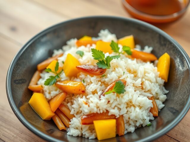 Ajam Paniki met mango en lente-uitjes — AI-gegenereerde illustratie