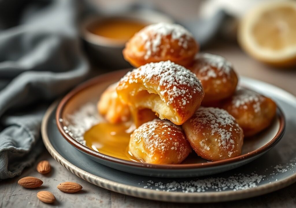 Amandelbeignets met honingsaus, AI-gegenereerde illustratie