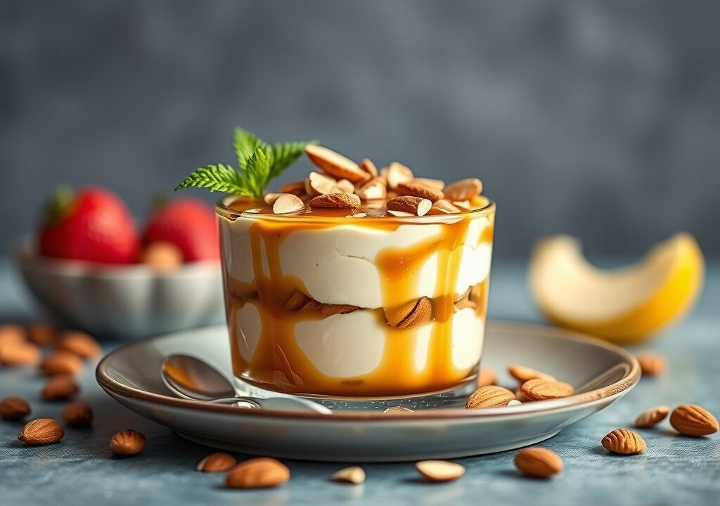 Amandelparfait met karamelsaus, AI-gegenereerde illustratie