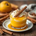 Amarettoparfait met kaneelsiroop en gepocheerde pe