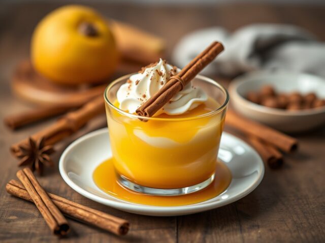 Amarettoparfait met kaneelsiroop en gepocheerde pe
