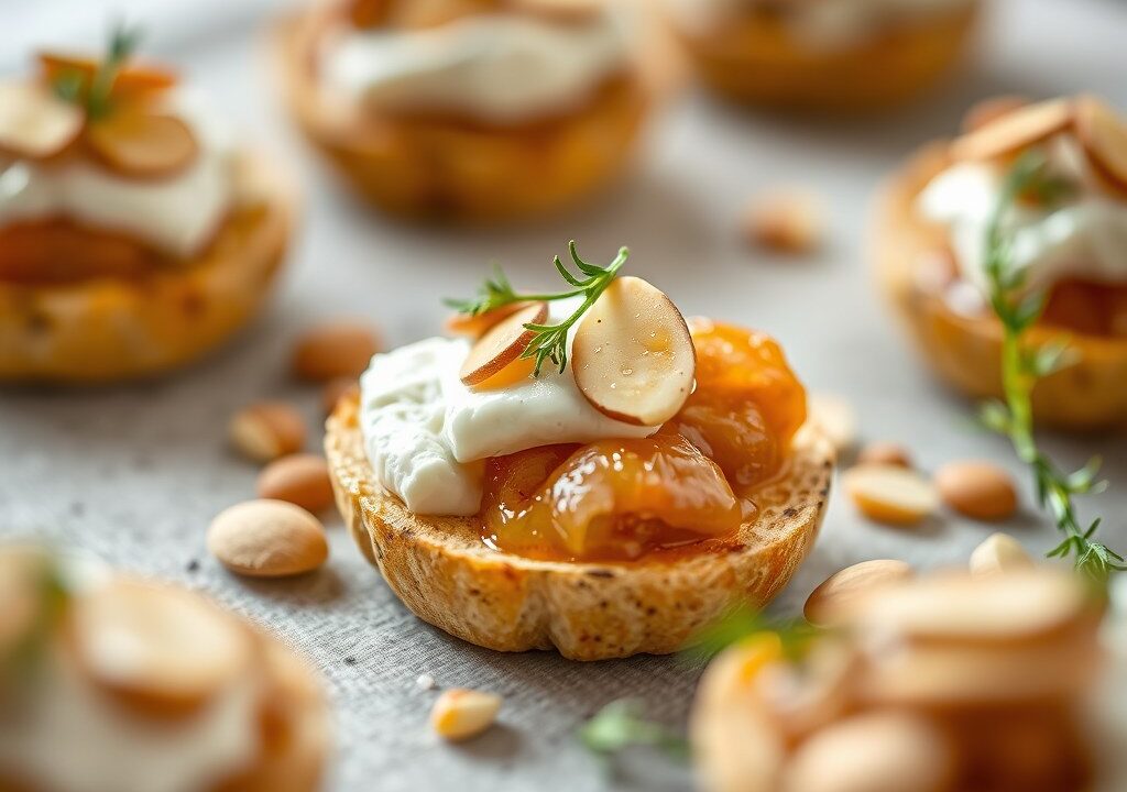 Amuse met rookvlees en geitenkaas met amandelen, AI-gegenereerde illustratie