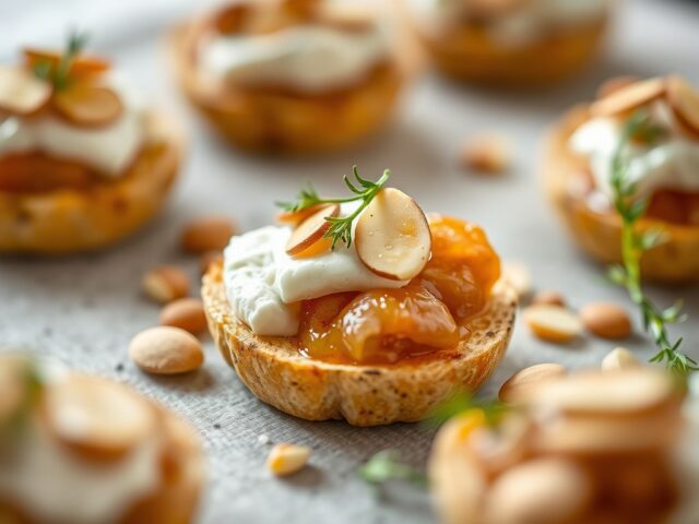 Amuse met rookvlees en geitenkaas met amandelen