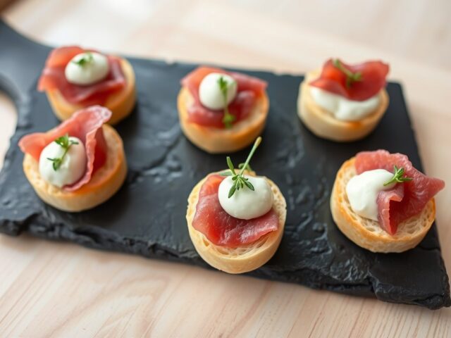 Amuse met toastjes met geroosterd rundvlees en mierikwortels