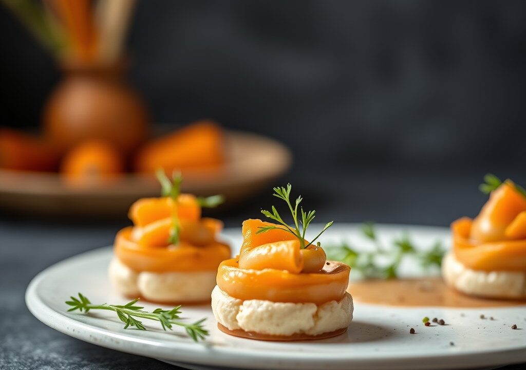 Amuse van krabmousse en scampies, AI-gegenereerde illustratie