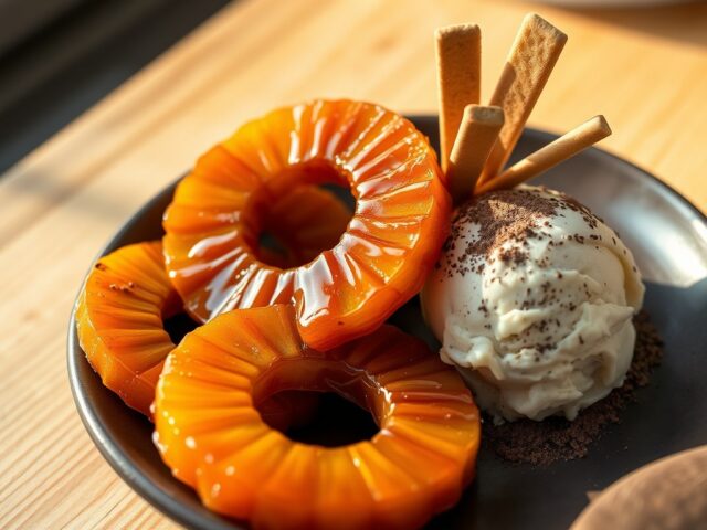 Ananas geflambeerd met wodka, speculaasijs