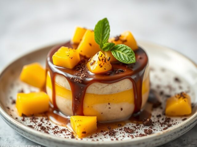 Ananas, mango, basilicum en chocolade puur dessert