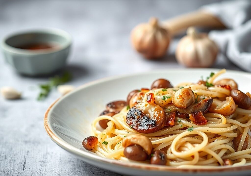 Anders gegratineerde champignons- bleekselderij, AI-gegenereerde illustratie
