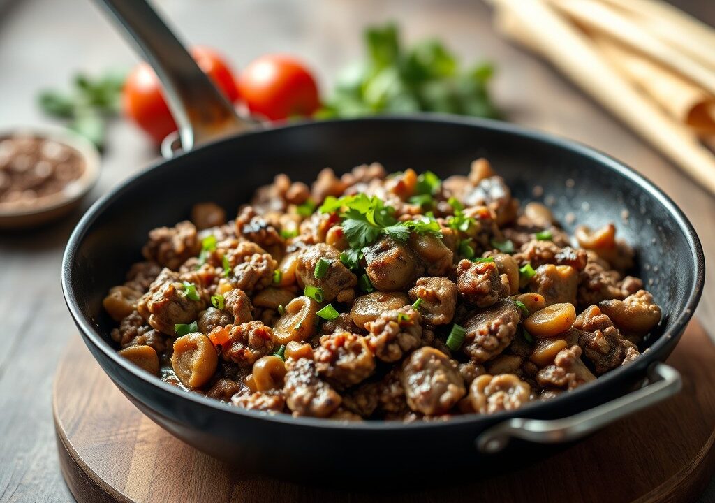 Andijvie-gehaktschotel met champignonsaus, AI-gegenereerde illustratie