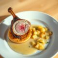 Anjouduif met maïsblini en een saus van citroentijm