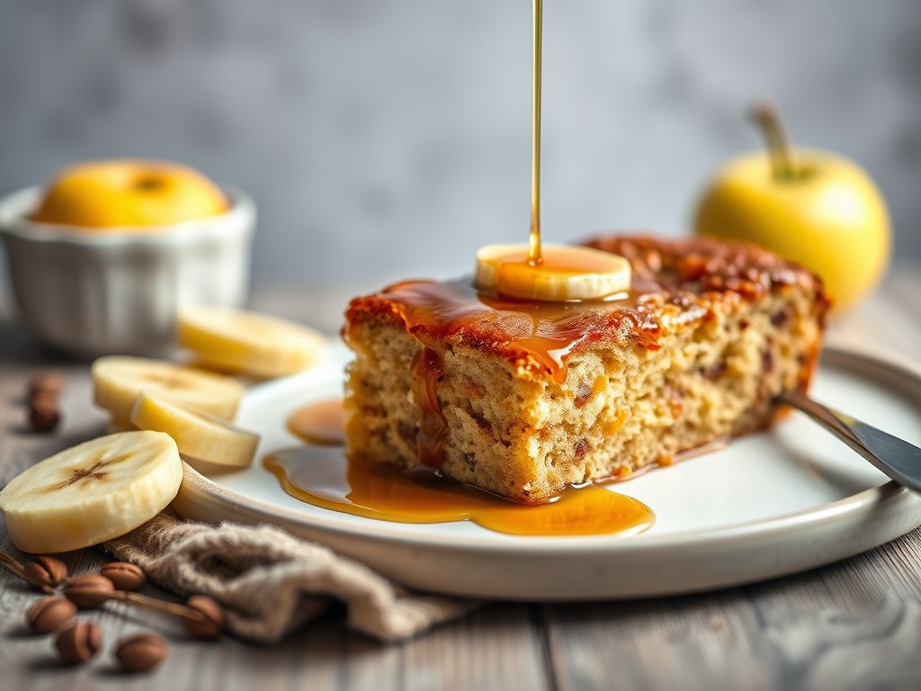 Appel-banaancake met esdoornsiroop, AI-gegenereerde illustratie