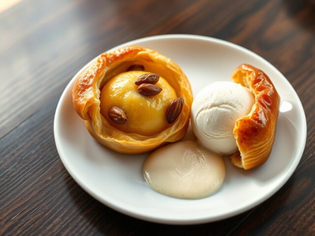 Appel in bladerdeeg en sabayon van calvados en kaneelijs