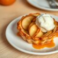 Appeltaartje met vanille-ijs en abrikozencoulis.