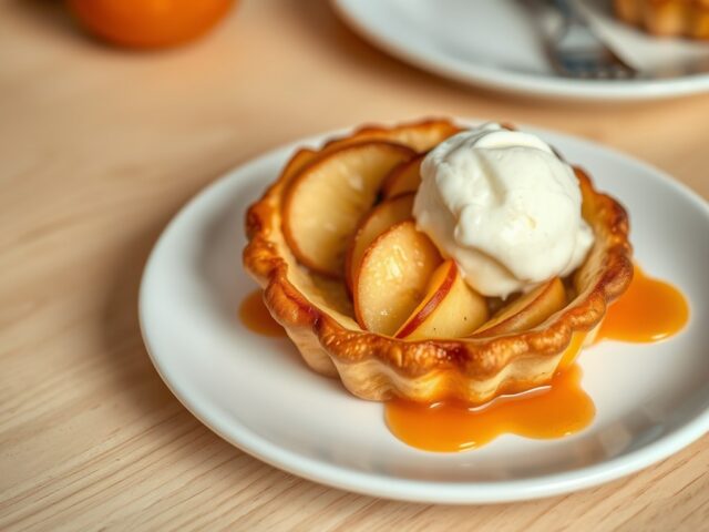 Appeltaartje met vanille-ijs en abrikozencoulis.