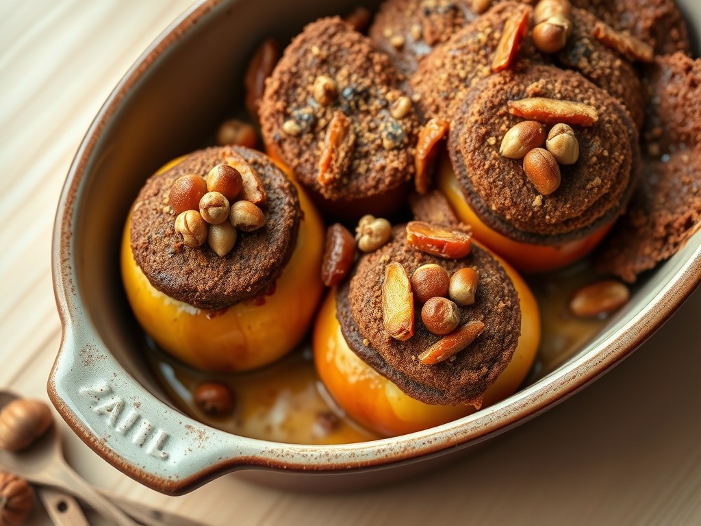 Appeltjes uit de oven onder een dekentje van kruidkoek, AI-gegenereerde illustratie