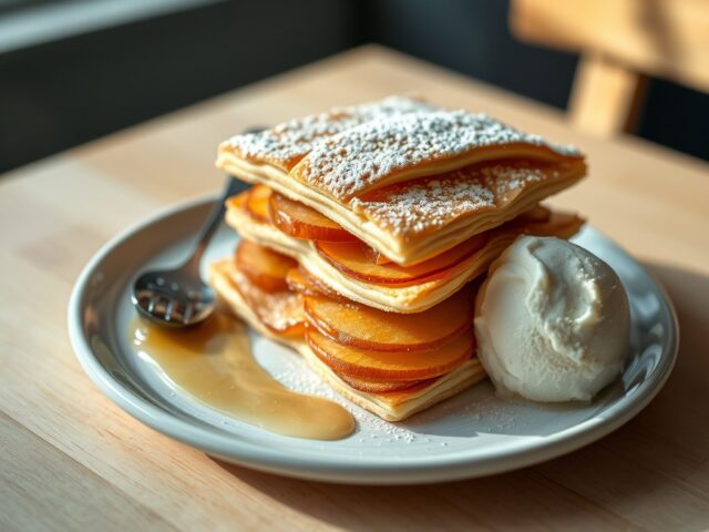 Appeltompouce met vanillesaus en honing ijs