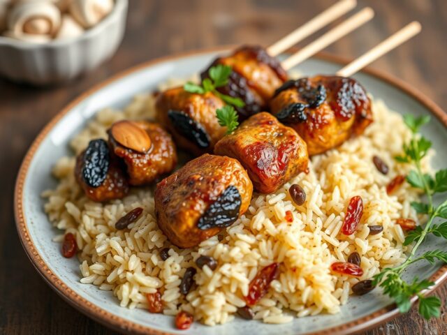 Aromatische rijst met rozijnen en amandelen en kipspiesjes
