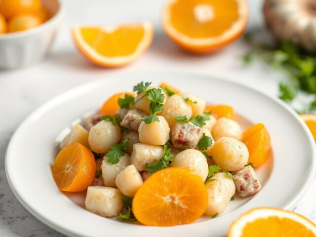Asperge-aardappelsalade met zeebaars en sinaasappel