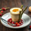 Asperge- dragon cappucino op een compote van rabarber