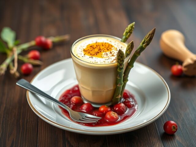 Asperge- dragon cappucino op een compote van rabarber