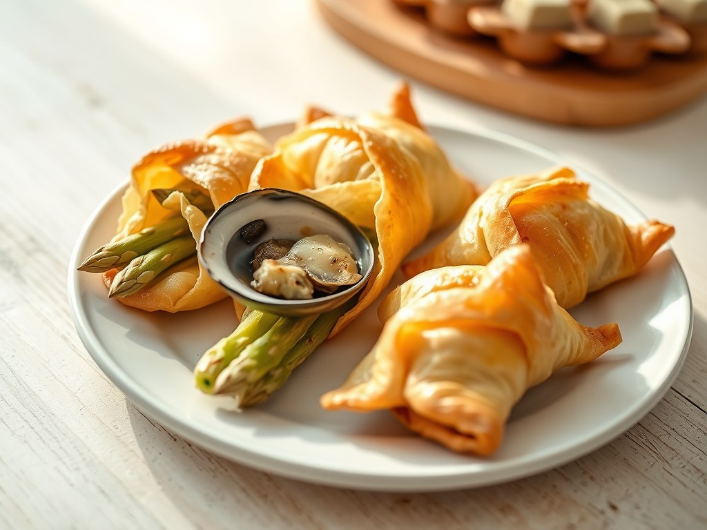 Aspergefeuillets met oester en kaas, AI-gegenereerde illustratie
