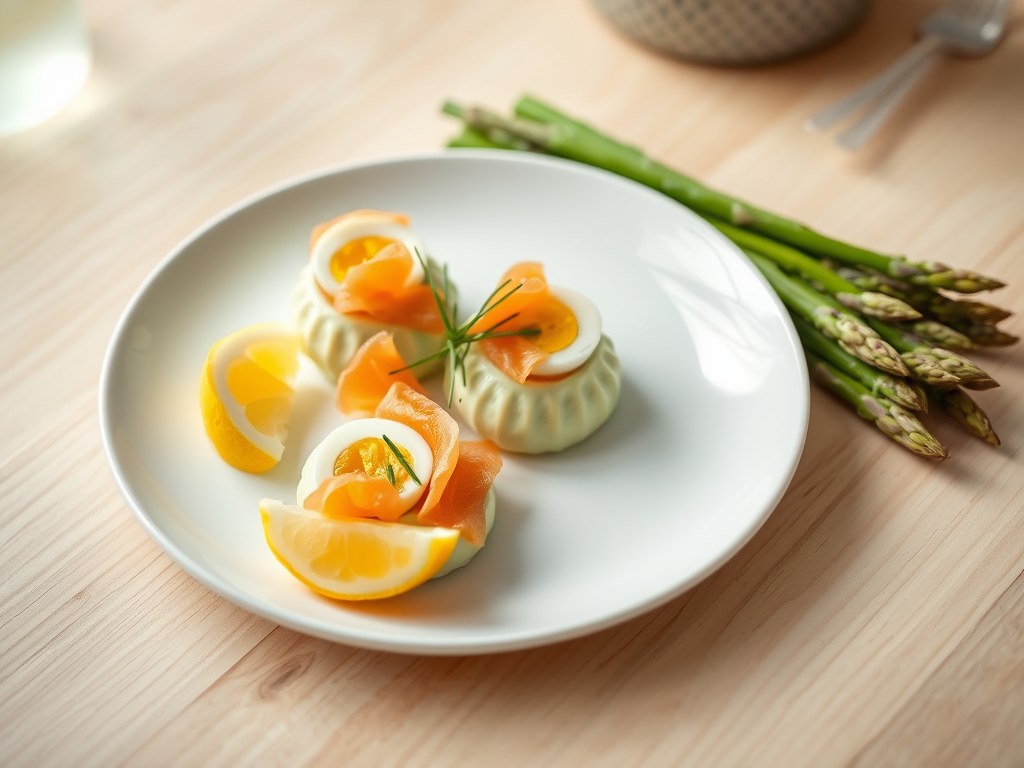Aspergemousse met zalm, AI-gegenereerde illustratie