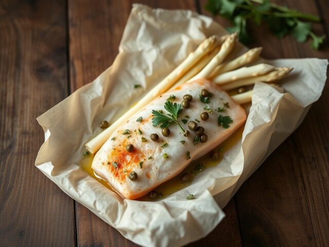 Aspergepakketje met roodbaars en kappertjes