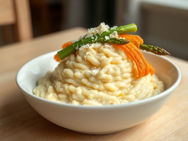 Aspergerisotto, gefrituurde asperges omwikkeld met
