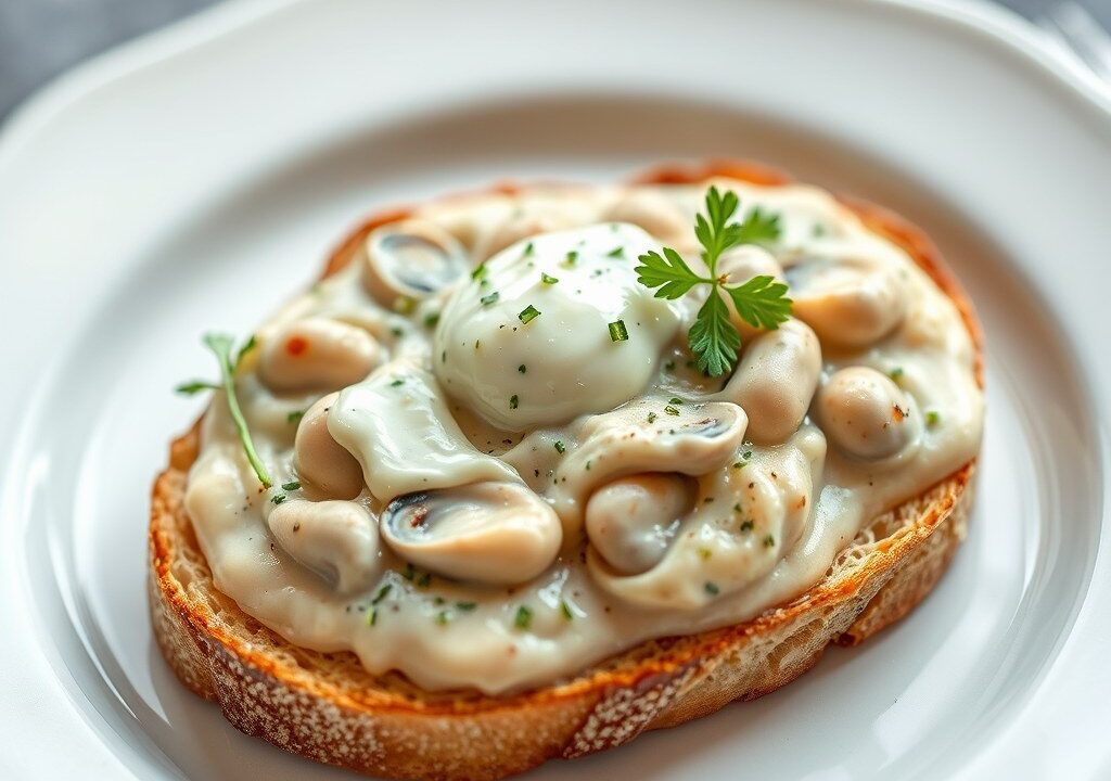 Aspergeroomsoep met eiersalade op sneetje Limburgs roggebrood, AI-gegenereerde illustratie